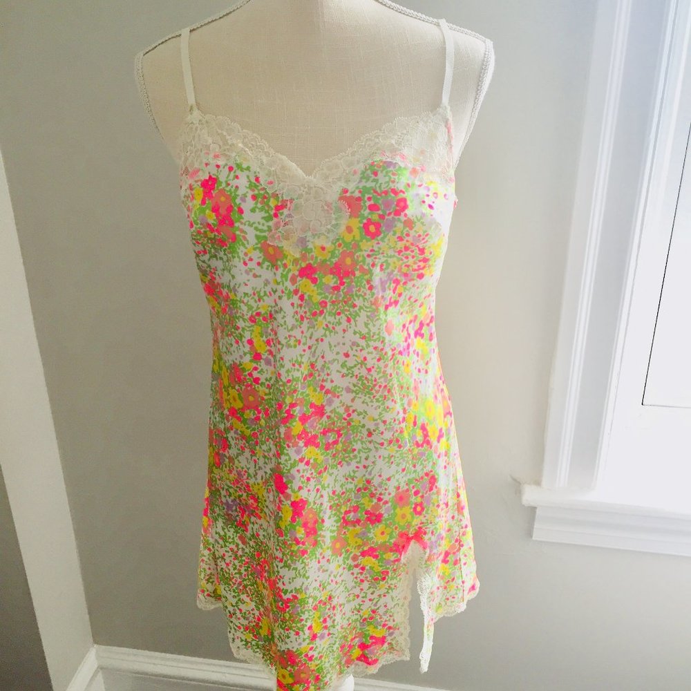 Victoria Secret neon floral lace  satin slit slip nightdress chemise size medium